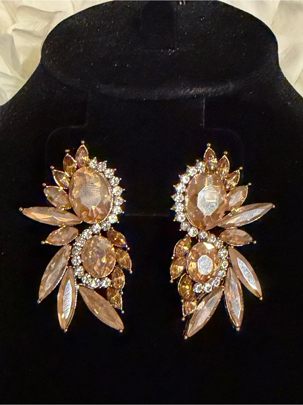 Champagne Crystal Cluster Statement Earrings - Gold Tone Navette Rhinestones